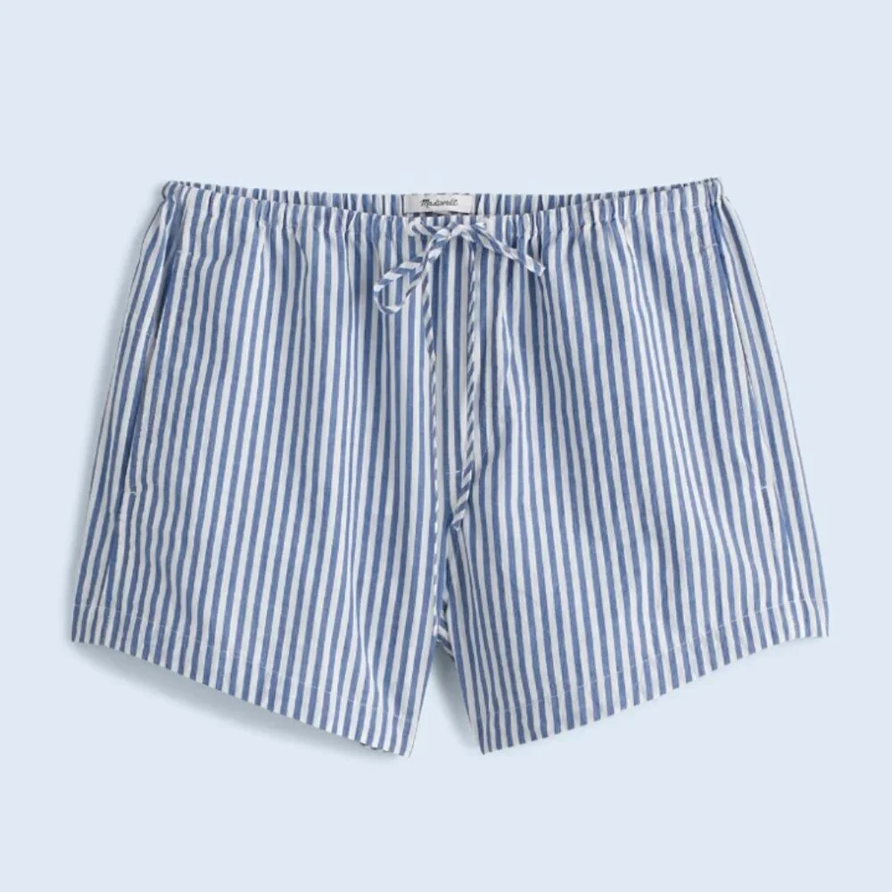 Madewell 100% Cotton Drawstring Pull On Shorts Blue Stripe Size Large EUC